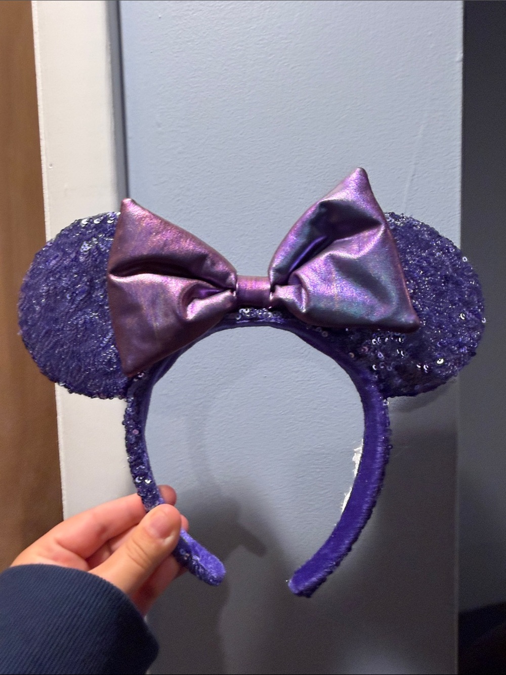 Purple Sequin Minnie Ears Headband with Iridescent Bow